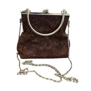 Beaded Handbag Copper Brown Boutique Kiss Lock Handle Shoulder Chain Silver Tone